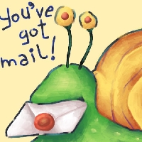 A digital painting of a snail holding some mail.